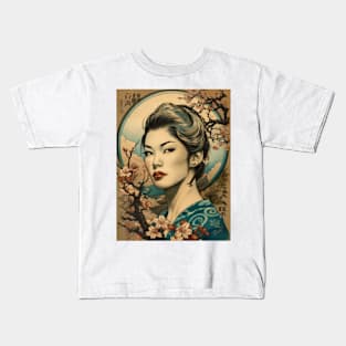 Vintage Rose Blossoms Japanese Woodblock Maple Streetwear Hipster Asian Inspired Retro Manga Samurai Alchemilla Kids T-Shirt